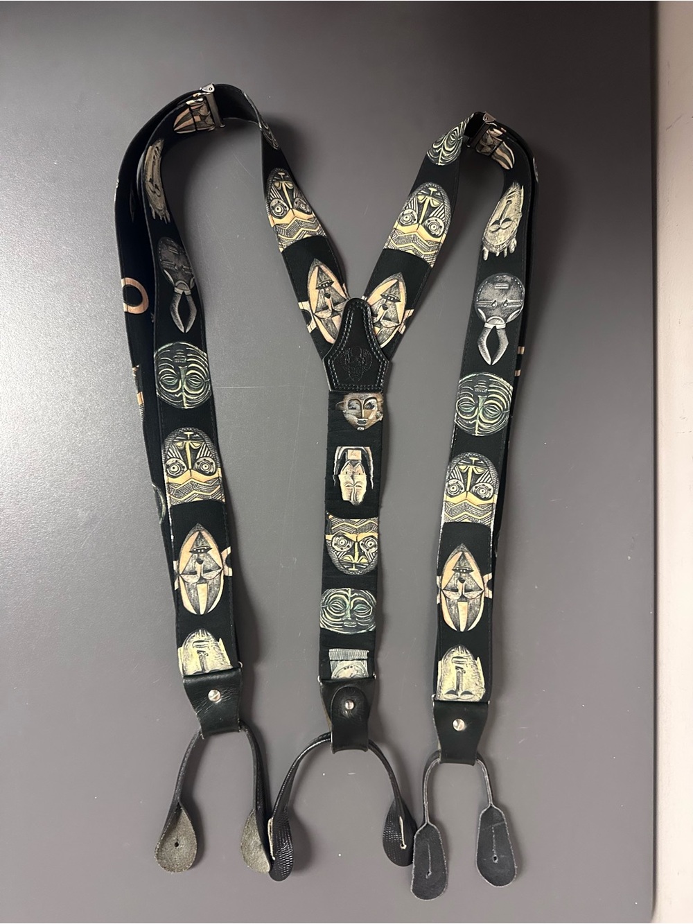 Roberto Angelico Pure Silk Suspenders Swiss Made Tribal Mask Print Vintage